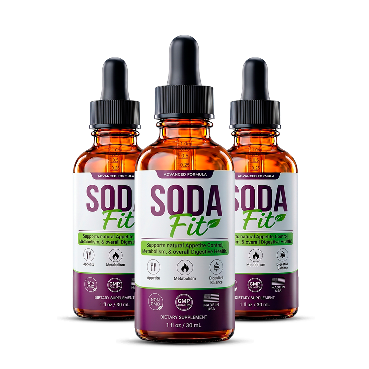 Three bottles of SodaFit Drops